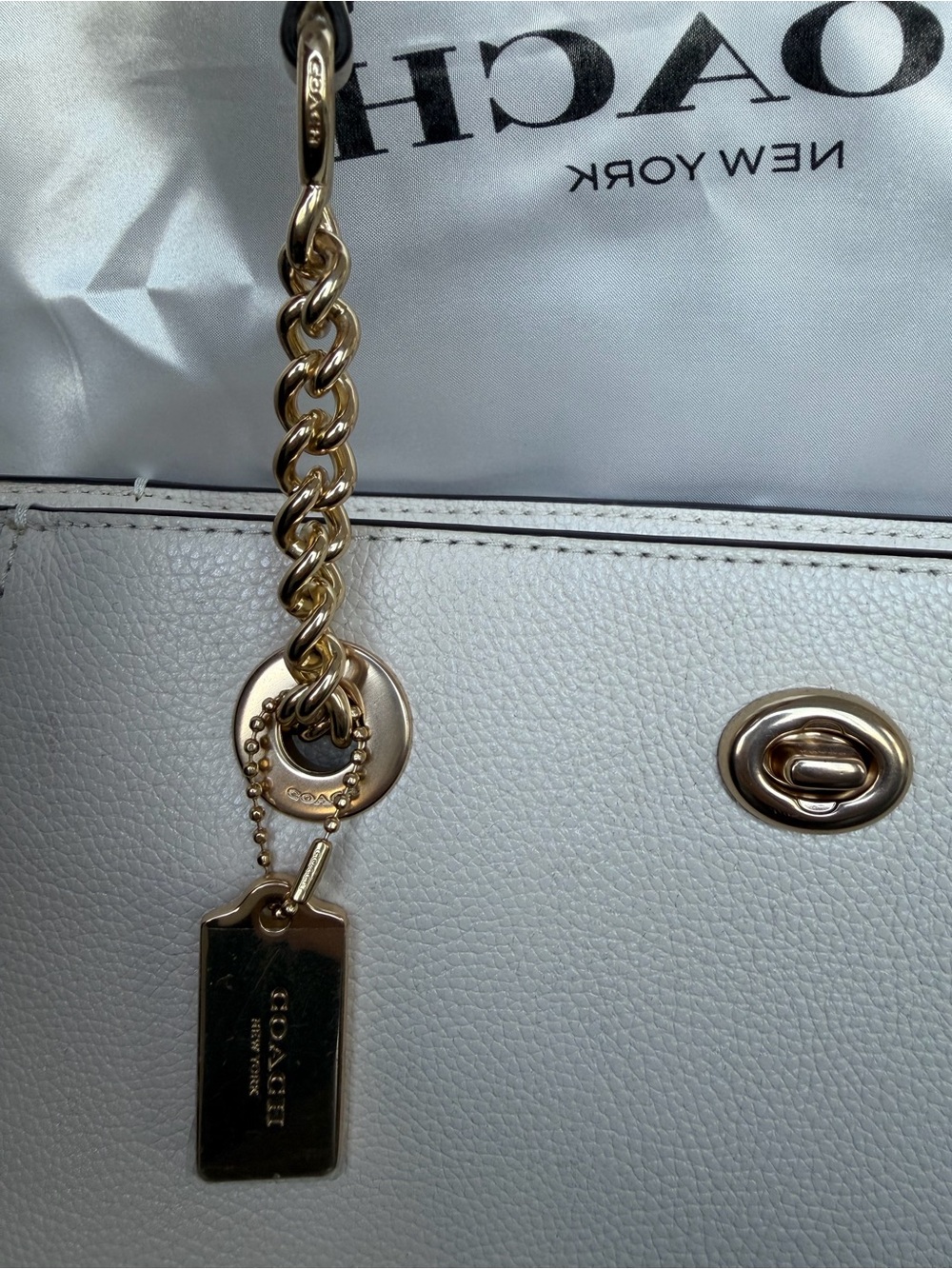 Coach White Pebble Leather Tote with Gold Chain Handles - Picture 7 of 11